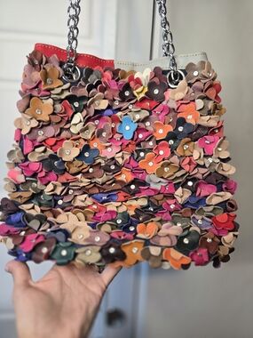Colorful Leather Flower Appliqué Chain Shoulder Bag